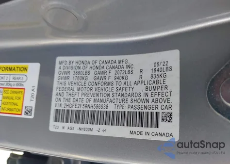 2022 Honda Civic Sport z USA, uszkodzony, nr VIN 2HGFE2F59NH586938